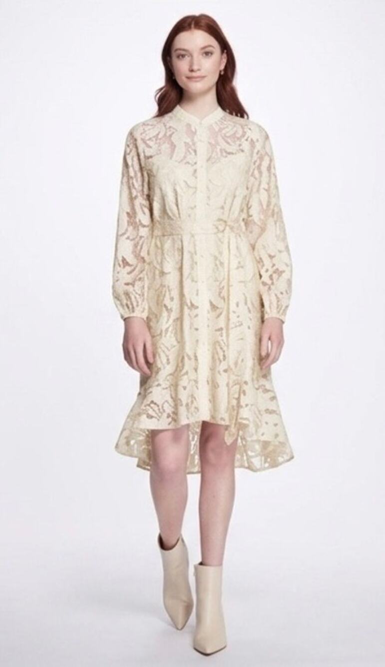 Marchesa Notte Lace Shirt Dress Cream Long Sleeves Belted Waist Lined